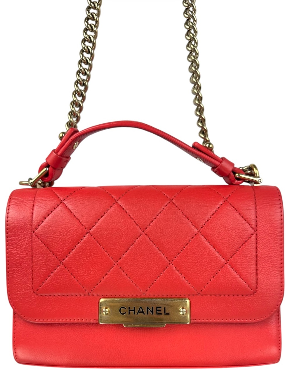 CHANEL Red Quilted Top Handle Crossbody Bag